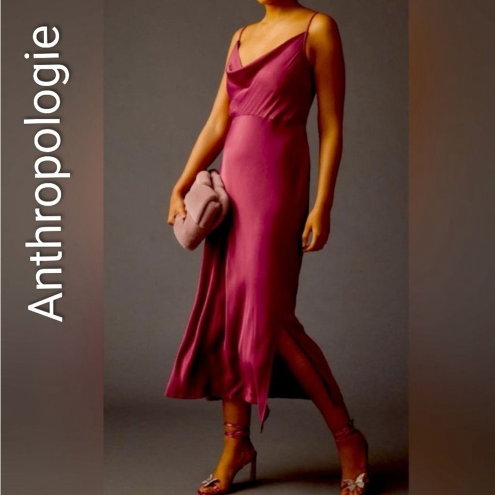 Women's by Anthropologie Magenta Cowl Neck Midi Slip Dress MP sleeveless slinky